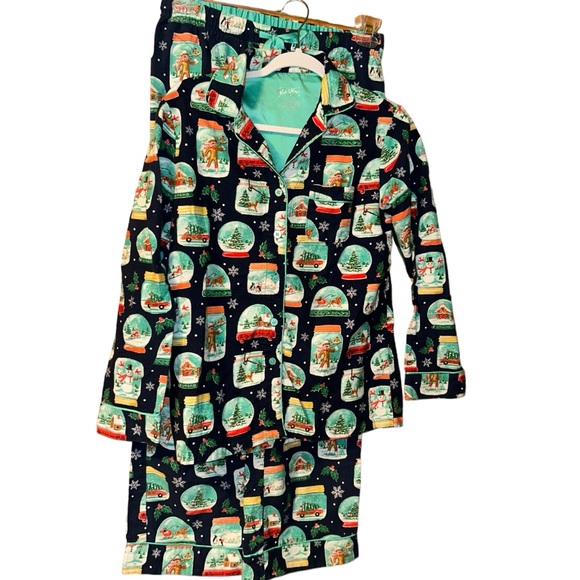 NICK & nora flannel winter pj pajama set snow globe shirt and pant bottoms small - Picture 1 of 5